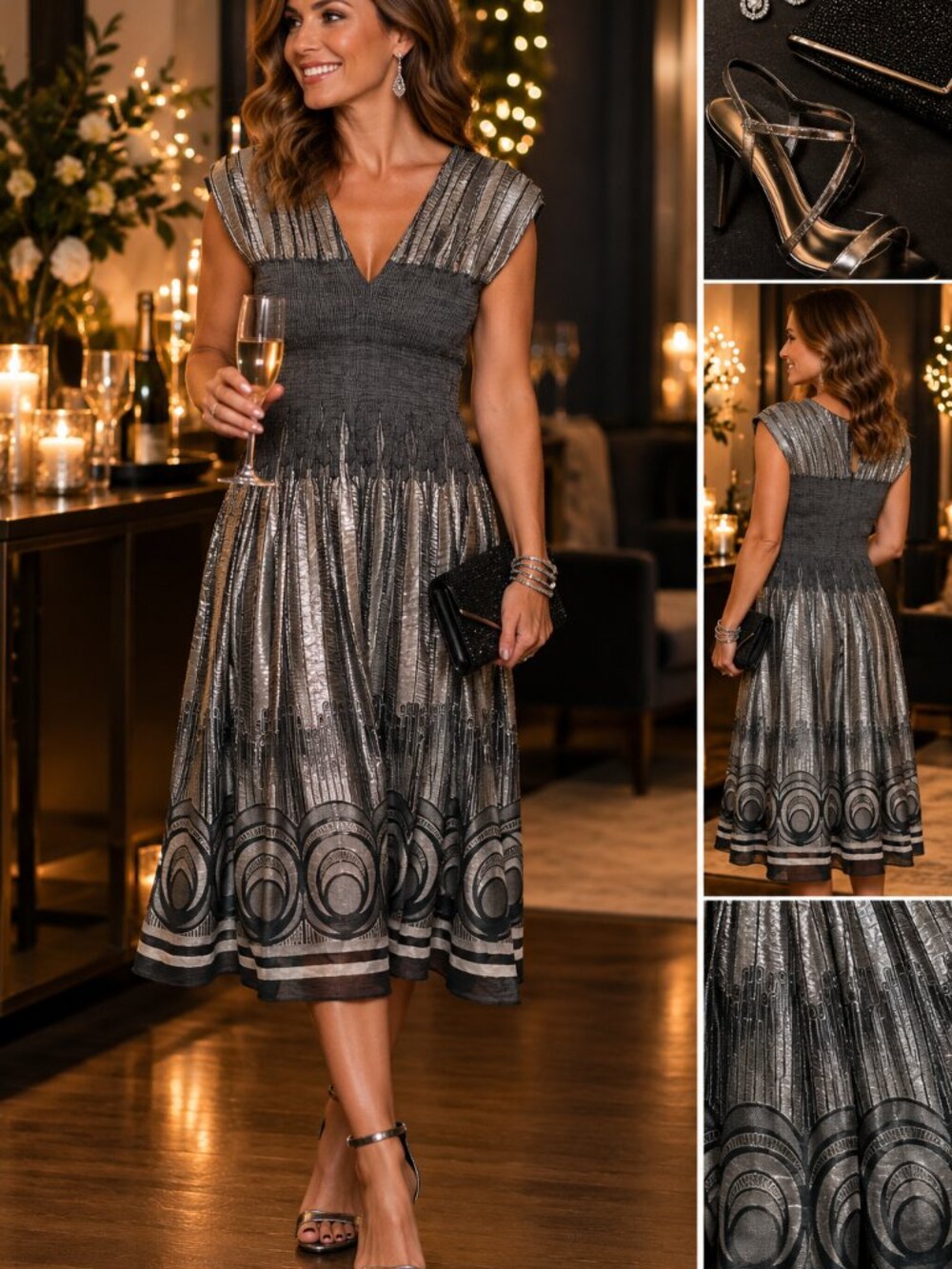 Max Studio M Silver Metallic Art Deco Smocked Midi Cocktail Party Dress